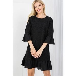 Black Ruffle Hem and Sleeve Shift Dress